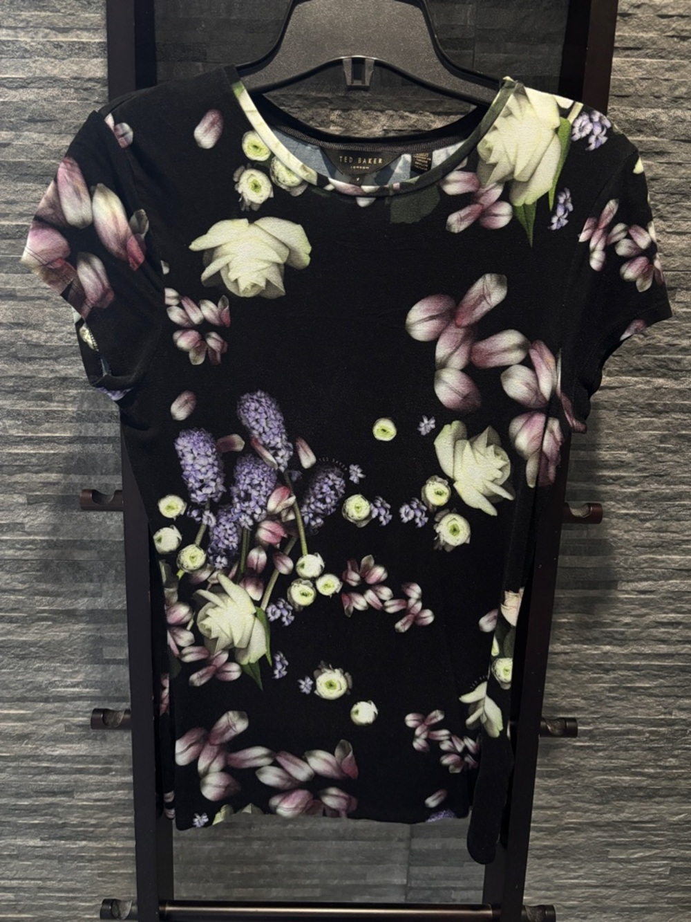 Ted Baker Black Floral Short Sleeve Crewneck Top with Purple and Cream Accents